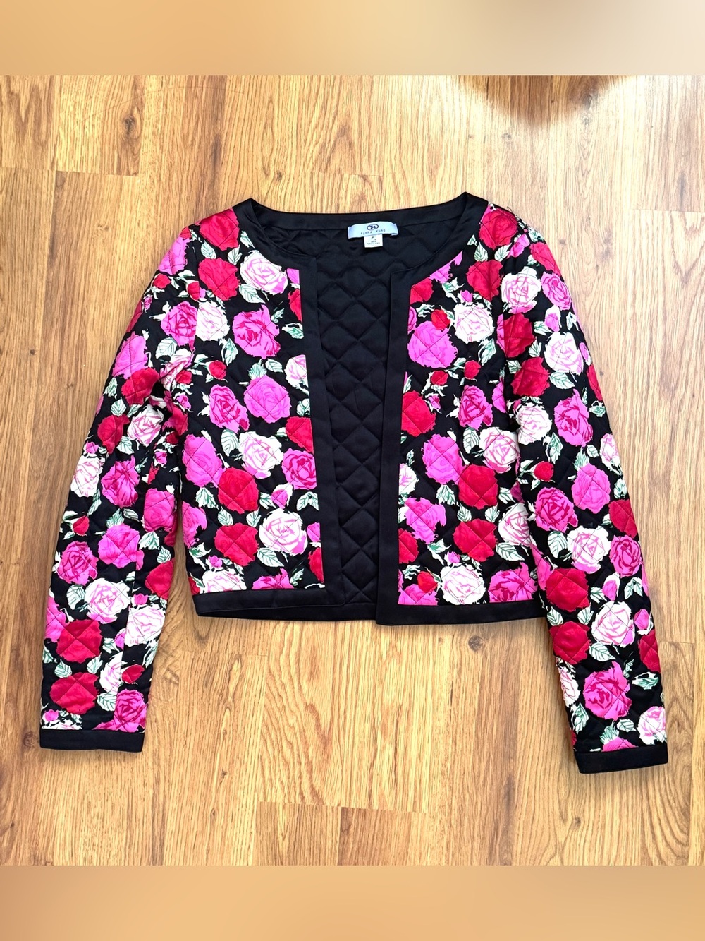 Vintage Flora Kung Quilted Floral Cropped Jacket Pink Roses Black Open Front, 4